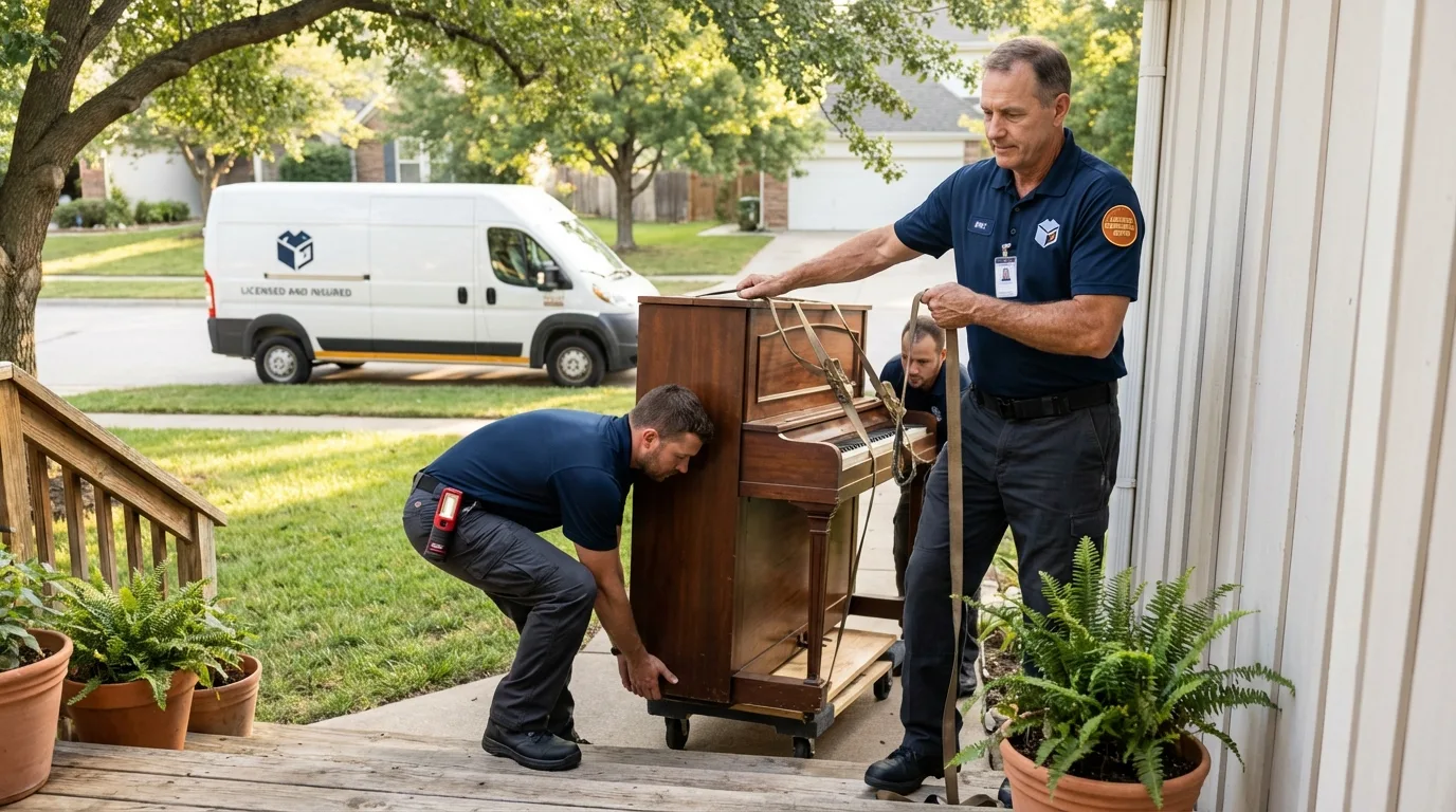 Licensed piano movers securing grand piano in Tomahawk, WI